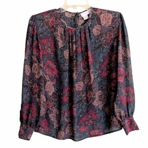 Vintage Justine Todd Petites Chiffon Blouse Autumn Fall Leaf Print Shoulder Pads